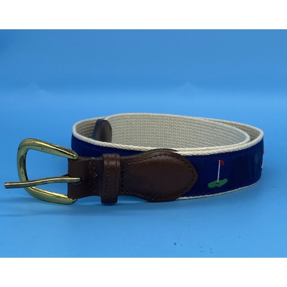 Lady Canterbury Belt Blue Golf Ribbon on White Cotton Web w/ Leather Tabs. Sz36